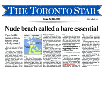 Toronto Star 1999-04-23 p.A1 - Simm's brief to Toronto Council proposes creating official clothing-optional zone at Hanlan's Point