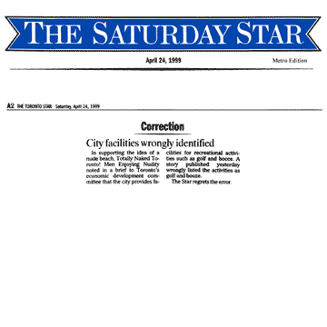 Toronto Star 1999-04-24 - Correction by Toronto Star re misquoting 