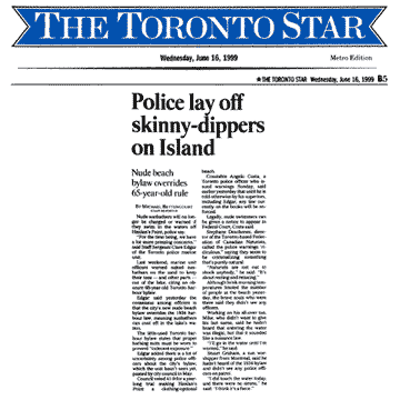 Toronto Star 1999-06-16 - Police accept nude swimming at Hanlan's Point CO beach