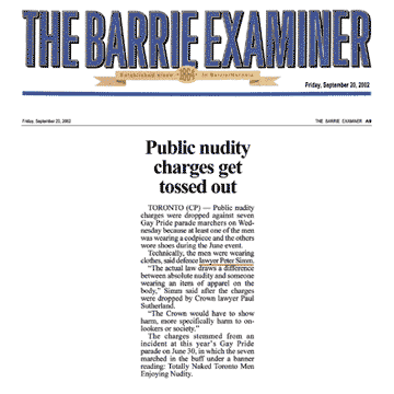 Barrie Examiner  2002-09-20 - Simm convinces Crown to drop nudity charges against Pride marchers