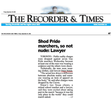 Brockville Recorder & Times 2002-09-20 - Simm convinces Crown to drop nudity charges against Pride marchers