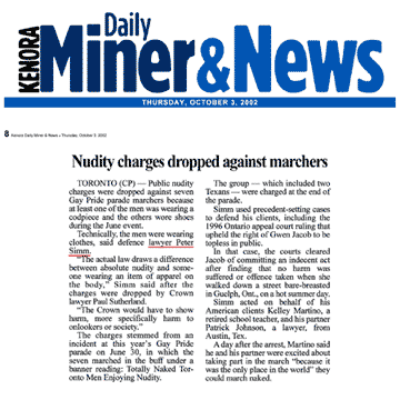 Kenora Daily Miner & News 2002-10-03 - Simm convinces Crown to drop nudity charges against Pride marchers