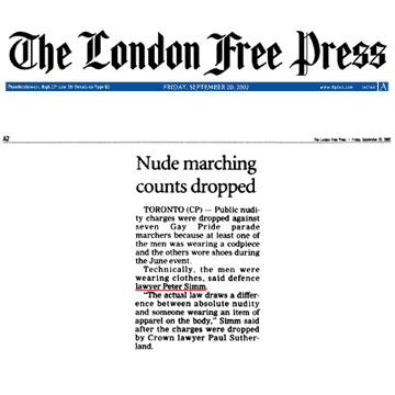 London Free Press 2002-09-20 - Simm convinces Crown to drop nudity charges against Pride marchers