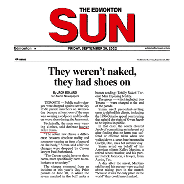 Edmonton Sun 2002-09-20 - Simm convinces Crown to drop nudity charges against Pride marchers