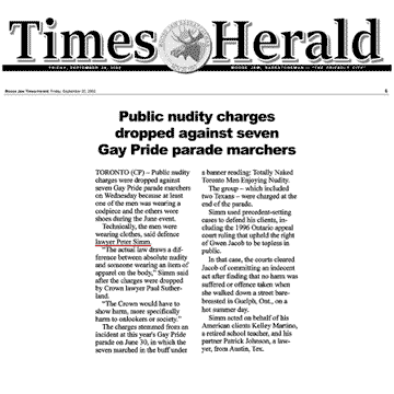 Moose Jaw [Sask,] Times-Herald 2002-09-20 - Simm convinces Crown to drop nudity charges against Pride marchers