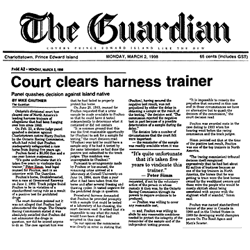Charlottetown [PEI] Guardian 1998-03-02 - Simm wins Poulton judicial review in Ont.Div.Ct., clearing prominent trainer