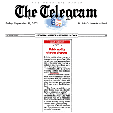 St John’s [Nfld.] Telegram 2002-09-20 - Simm convinces Crown to drop nudity charges against Pride marchers