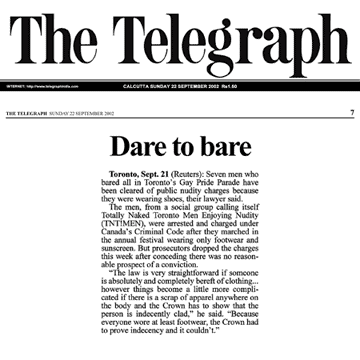 The Telegraph [Calcutta, India] 2002-09-22 - Simm convinces prosecutors to drop nudity charges against Pride marchers