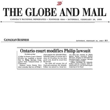 Globe & Mail 1999-02-20 - Simm wins motion to strike various claims in Philip lawsuit