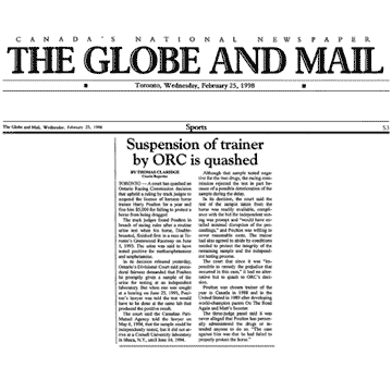 Globe & Mail 1998-02-25 - Simm convinces Div.Ct. to exonerate Poulton