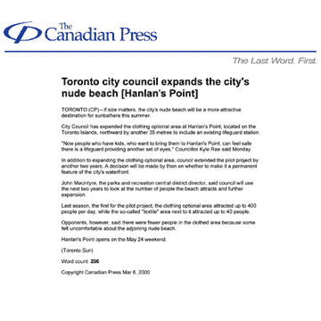 Canadian Press 2000-03-06 - Toronto Council extends Hanlan's Point Clothing-Optional Zone