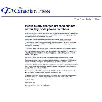 Canadian Press 2002-09-19 - Charges gone