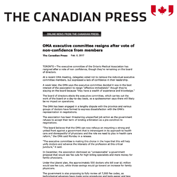 Canadian Press 2017-02-06 - OMA executive committee resigns