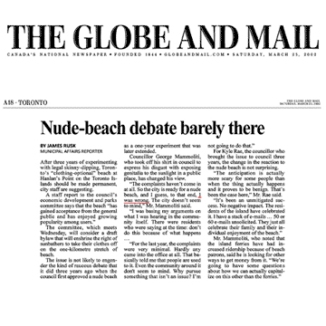 Globe & Mail 2002-03-23 - City Staff favour making Hanlan's Point CO-zone permanent