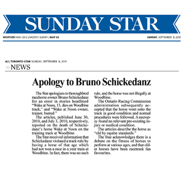 Toronto Star  2013-09-08 - Apology by Toronto Star to Schickedanz