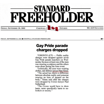 Cornwall Standard Freeholder 2002-09-20 - Simm convinces Crown to drop nudity charges against Pride marchers