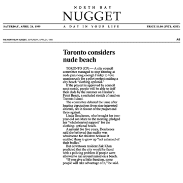 North Bay Nugget 1999-04-24 - Committee OKs Hanlan's Point CO-zone