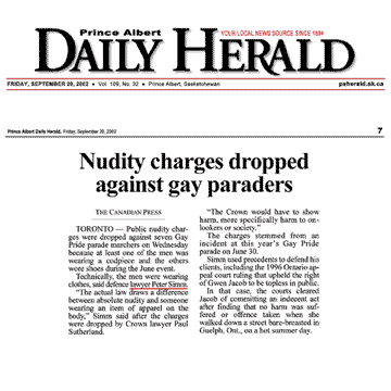 Prince Albert [Sask.] Daily Herald 2002-09-20 - Simm convinces Crown to drop nudity charges against Pride marchers