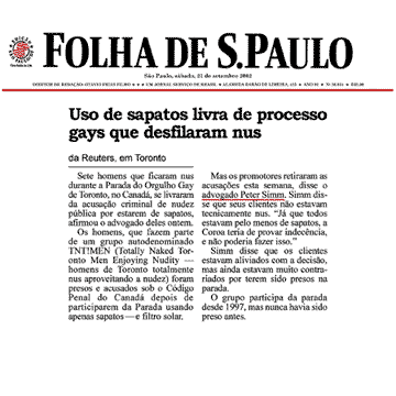 Folha de Sao Paulo [Brazil] 2002-09-21 - Simm convinces prosecutors to drop nudity charges against Pride marchers