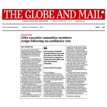 Globe & Mail 2017-02-07 - OMA exec resigns